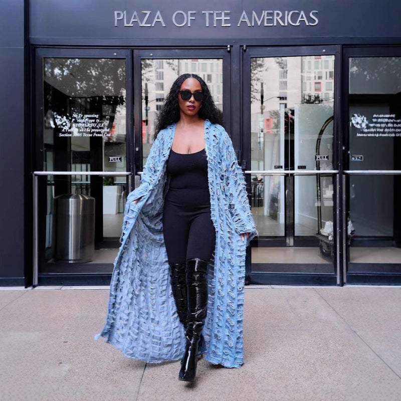 Casual Worn Holes Denim Poncho Coat ORY 5266