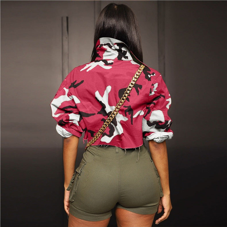 Camouflage Print Lapel Neck Short Coats SH 390421