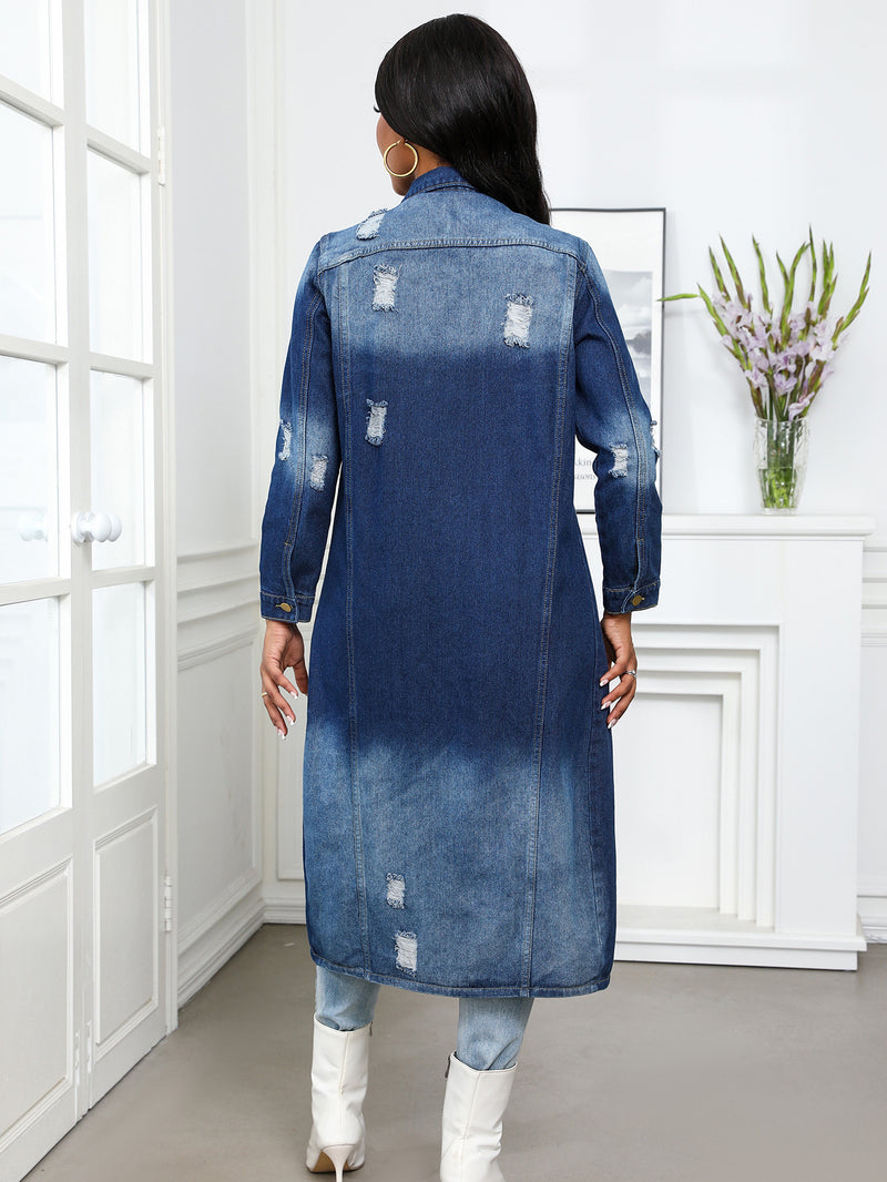 Long Ripped Denim Trench Coat Jacket GQDH 9932