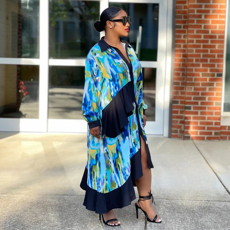 Plus Size Print Irregular Loose Shirt Dress NNWF 8028