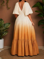 V Neck Puff Sleeve Gradient Color Maxi Dress GYLY 11265