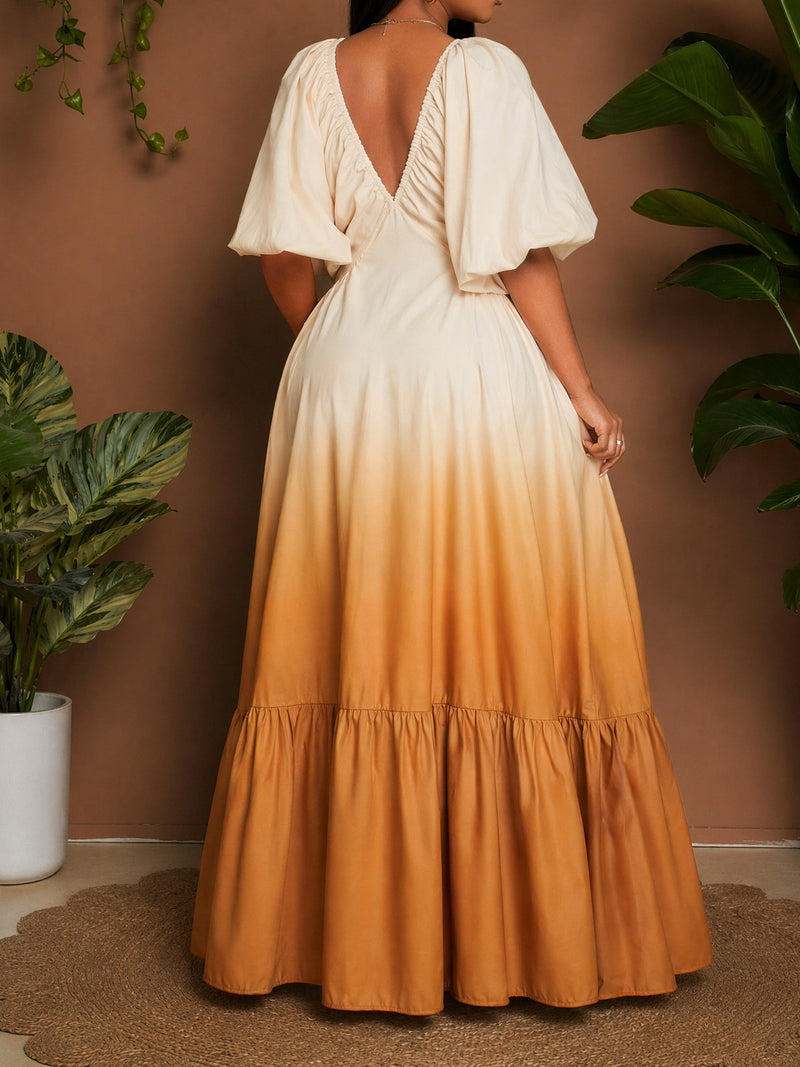V Neck Puff Sleeve Gradient Color Maxi Dress GYLY 11265