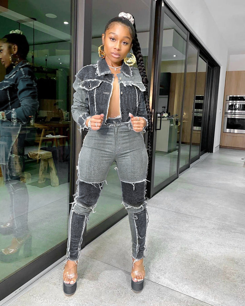 Patchwork Denim Jacket Jeans Pants Two Piece Sets LSD 8773
