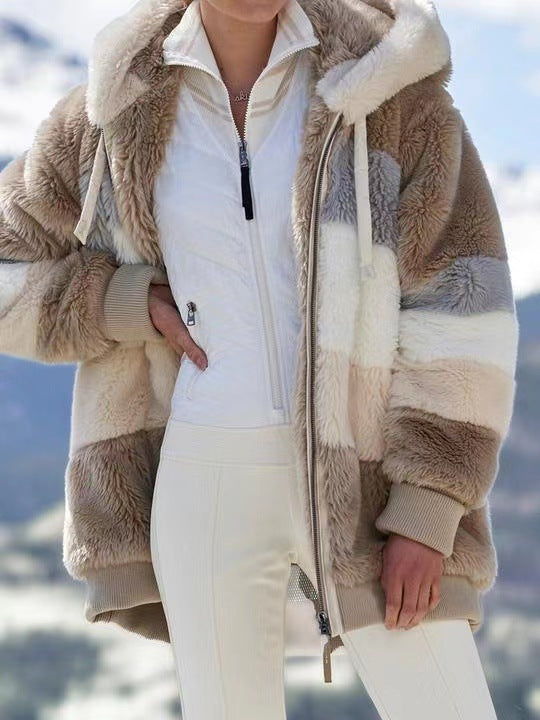 Plus Size Warm Plush Patchwork Zipper Hooded Loose Jacket GOFY 80160