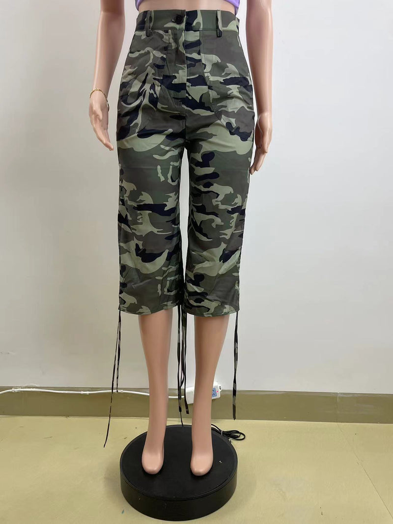 Camouflage Print Drawstring Straight Pants QOUY 6043