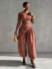 Stripe Warp Chest Top Lantern Pants 2 Piece Set GQLK 6695