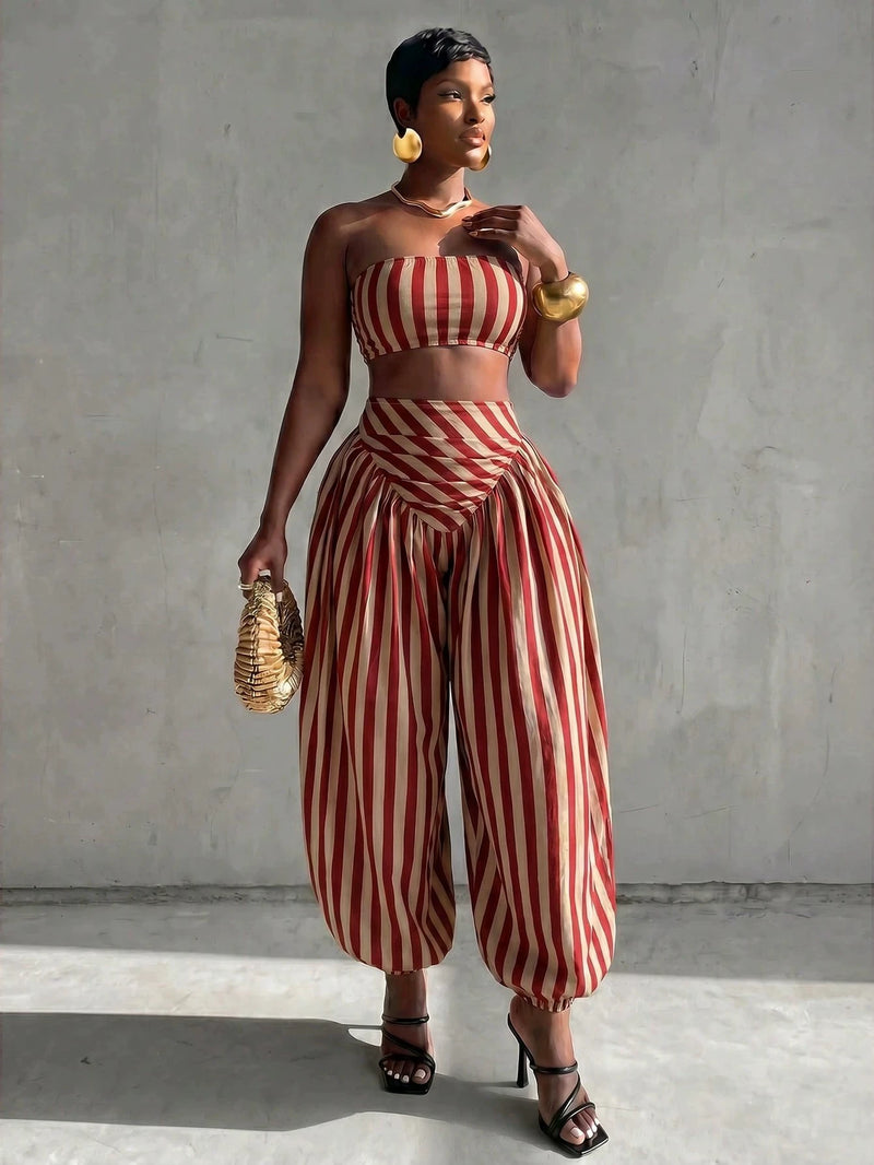 Stripe Warp Chest Top Lantern Pants 2 Piece Set GQLK 6695