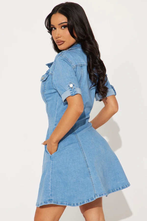 Short Sleeve Single Breasted Denim MIni Dress LX 6081