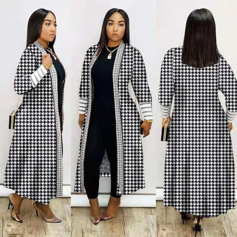 Plus Size Print Long Sleeve Knit Coat GRNH 8078