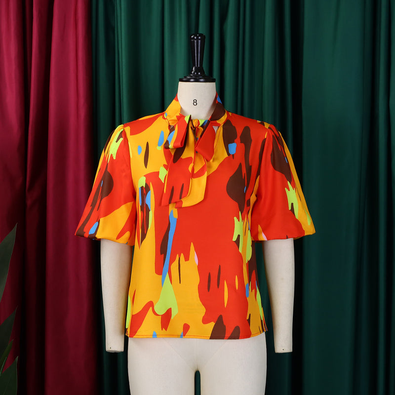 Plus Size Print Tie Up Bubble Sleeve Shirt GATE 561