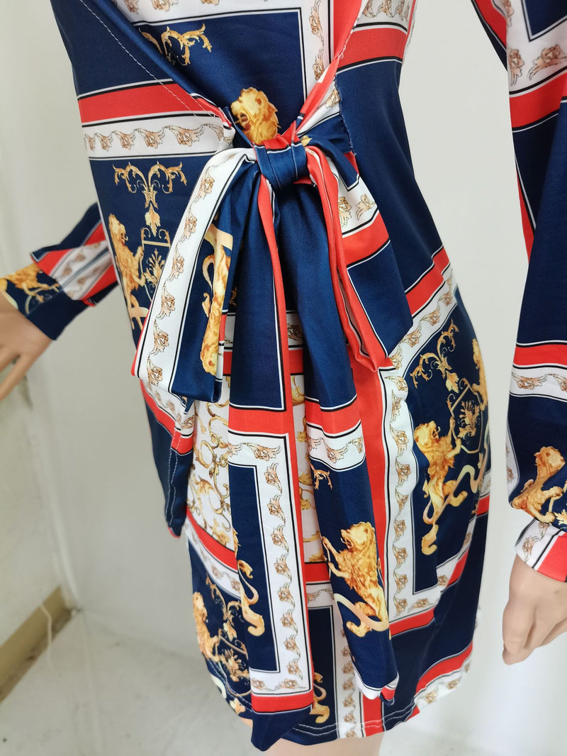 Plus Size V Neck Printed Long Sleeve Mini Dress GDYF 6669