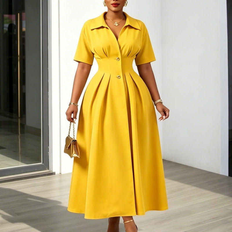 Plus Size Short Sleeve Lapel Midi Dress GATE 639