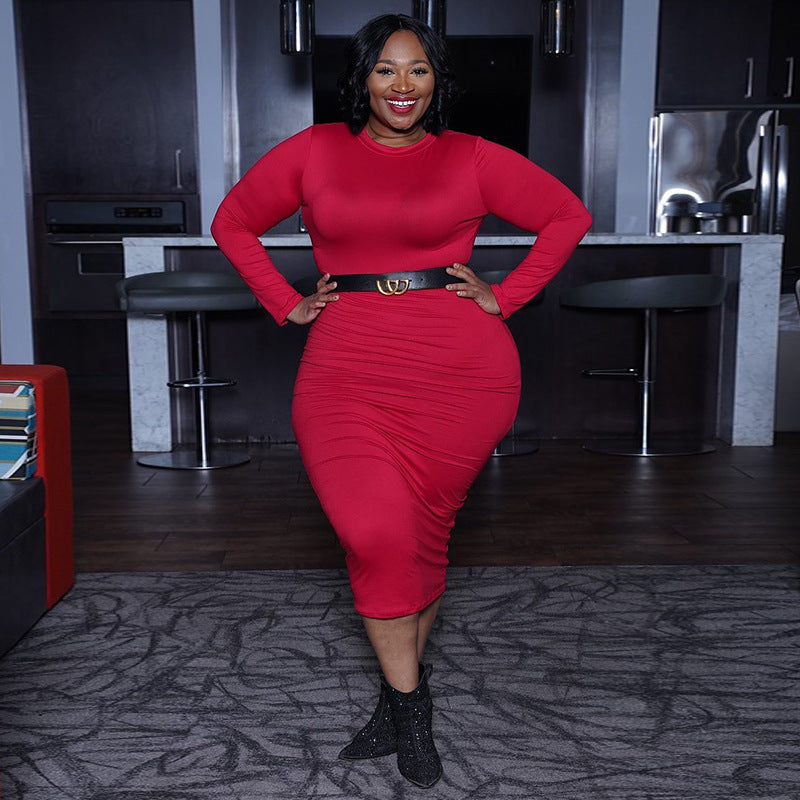 Plus Size 5XL Solid Color Long Sleeve Skinny Bodycon Midi Dress Without Belt OSIF 20972