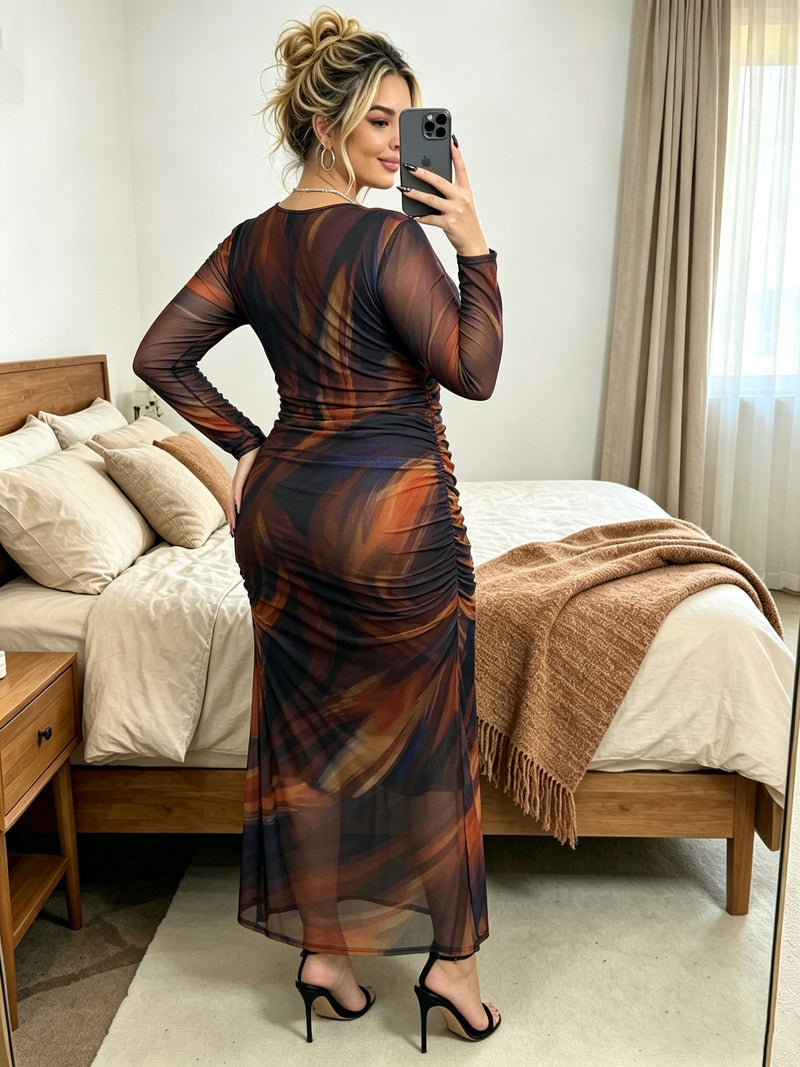 Plus Size Print Long Sleeve Maxi Dress GAWE 6779