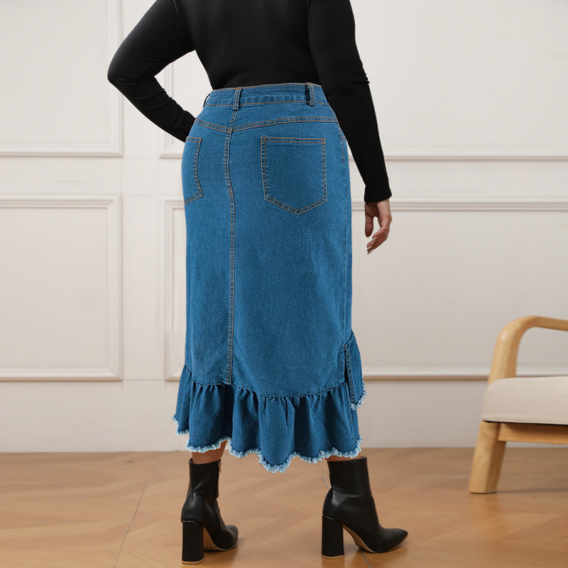 Plus Size Tassel Ruffle Denim Half Body Skirt GDAM 218633