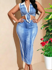 Plus Size Print Sleeveless V Neck Two Piece Skirts Set GAWE 6632