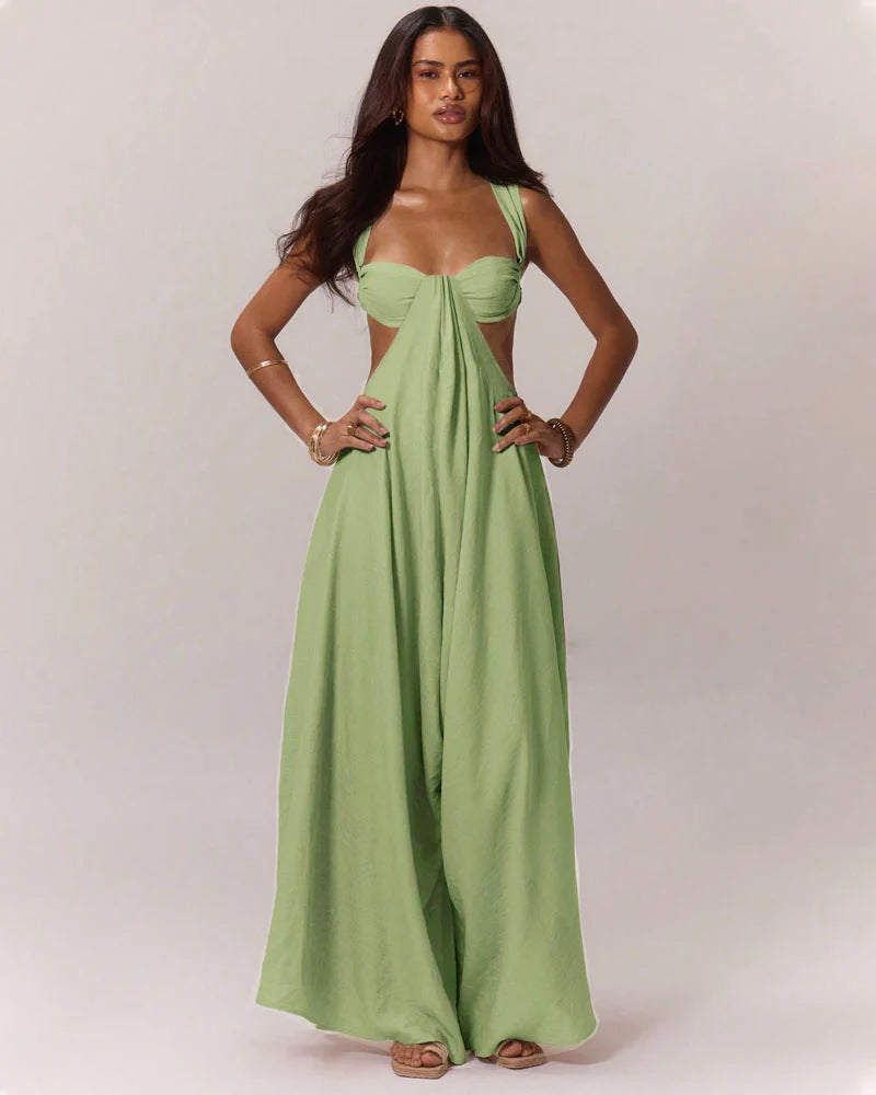 Solid Color Halterneck Tie Up Loose Jumpsuit GQLK KG1173