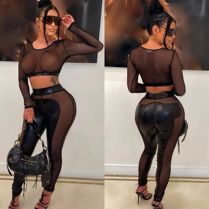 Sexy Mesh See Through Patchwork T Shirt Pant Suit GYHF 9075SD