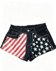 Retro Flag Print Patchwork Denim Shorts GQLF 7777