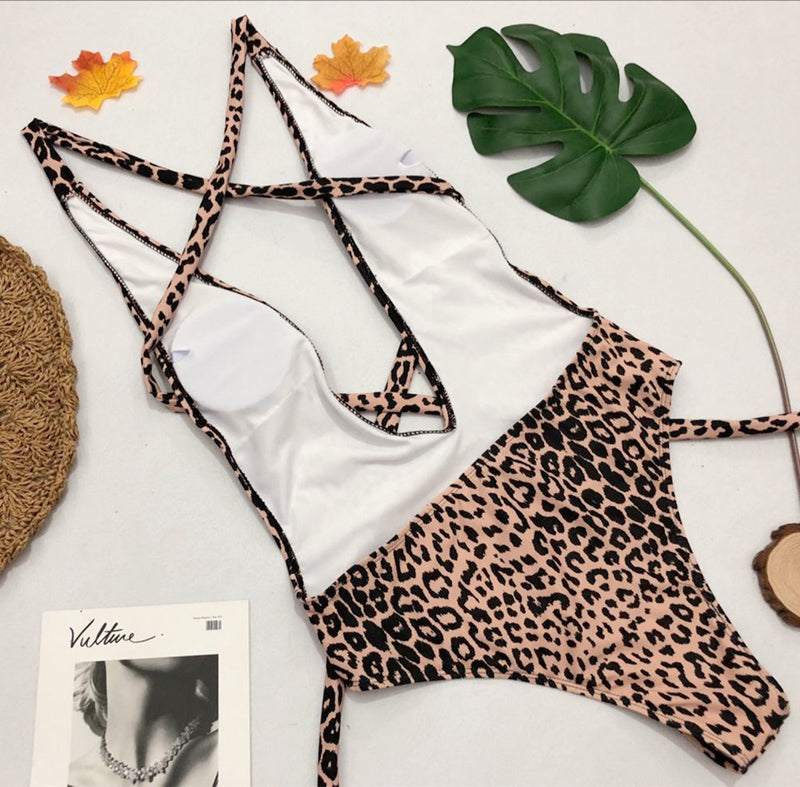 Leopard Print Cutout Tie Up One Piece Swimsuit CSYZ 1897