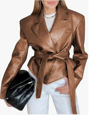 Long Sleeve Tie Up Leather Coat GPBY CT8221