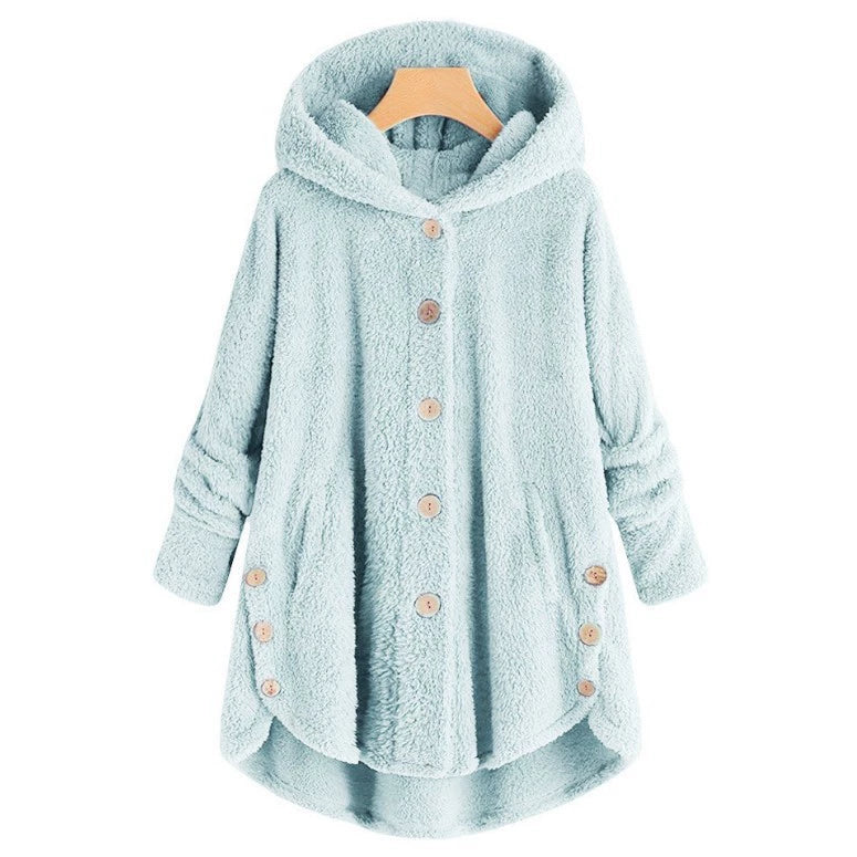 Plus Size Button Up Hooded Plush Solid Color Jacket GXHF 885236