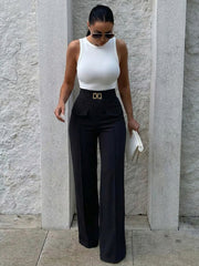 Metal Clasp Loose Straight Pants SH 391468