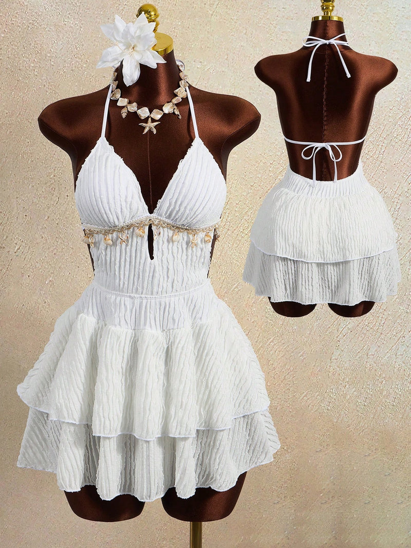Solid Color Halterneck Backless Mini Dress GXIY K26L2398