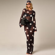 Mesh See Through Print Maxi Dress With Headscarf GZJQ K6S14679A