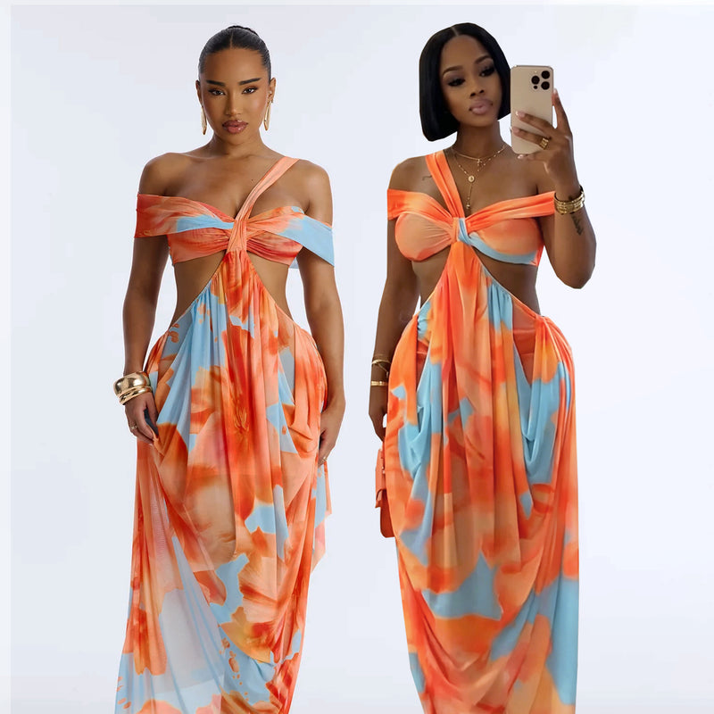 Sexy Print Irregular Backless Maxi Dress BMF 885