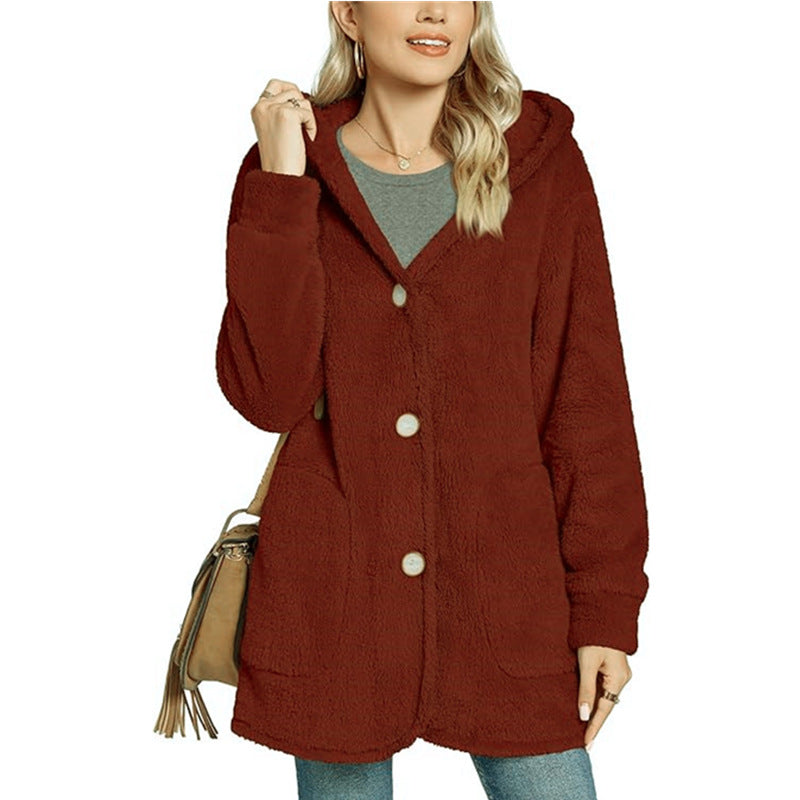 Plush Hooded Button Pocket Casual Coats GYOU CX826