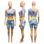 Cartoon Print One Shoulder Two Piece Shorts Set NIK 120