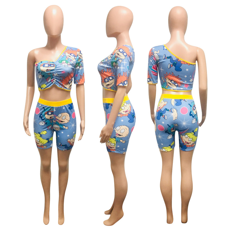 Cartoon Print One Shoulder Two Piece Shorts Set NIK 120