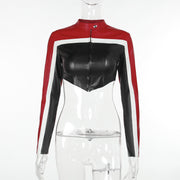 Fashion Contrast Color Short Leather Coat FL YY23427