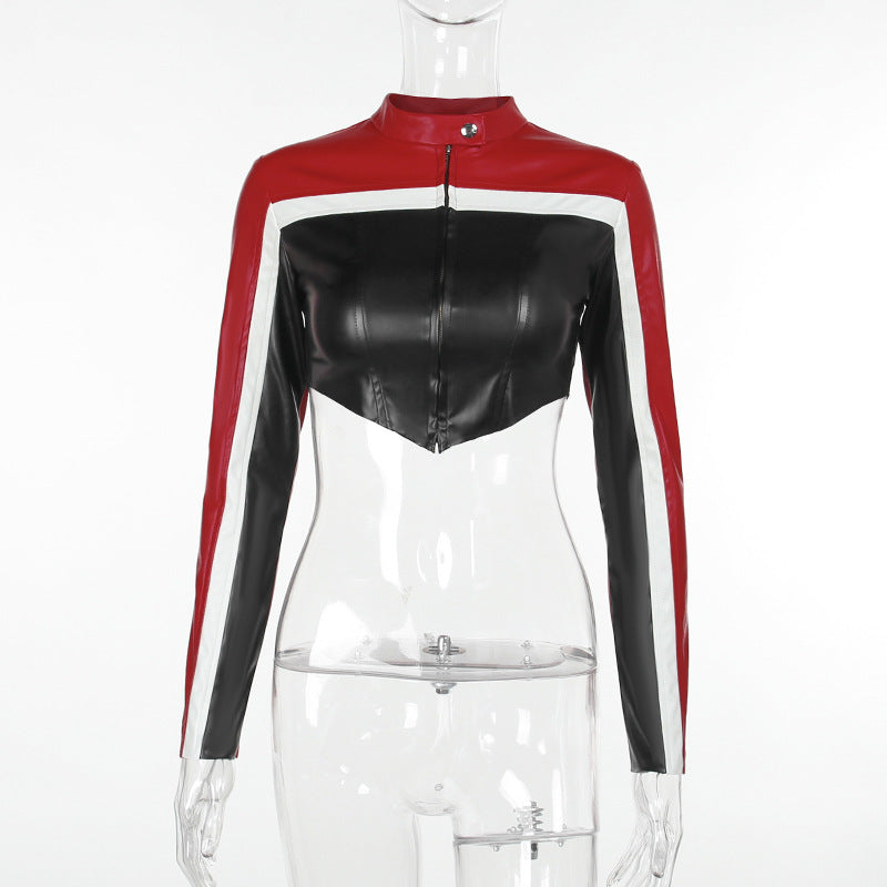Fashion Contrast Color Short Leather Coat FL YY23427