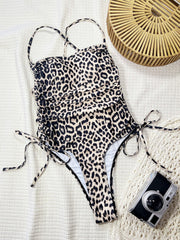 Leopard Print Tie Up One Piece Swimsuit CSYZ 382
