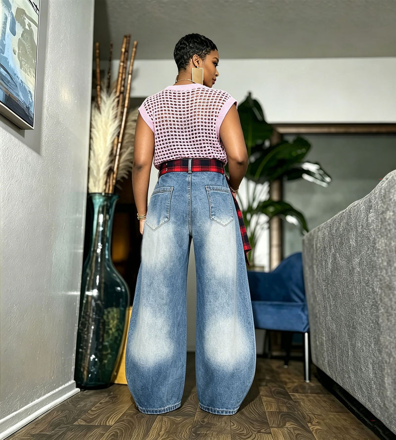 Plus Size Plaid Print Washed Straight Jeans GYLN 0738