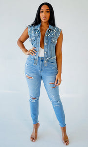 Beaded Diamond Studded Denim Vest Jacket GQDH 1073