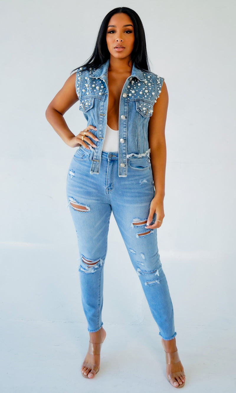 Beaded Diamond Studded Denim Vest Jacket GQDH 1073