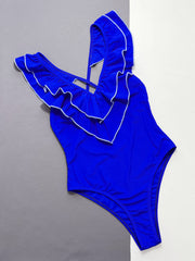 Solid Ruffle V Neck One Piece Swimsuit CSYZ A15H