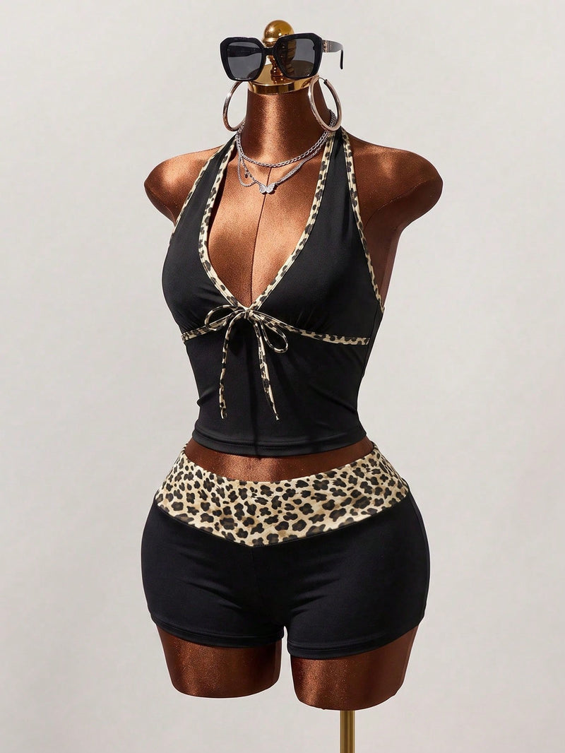 Leopard Contrast Color Tie Up Two Piece Shorts Set GHYX TJY8255