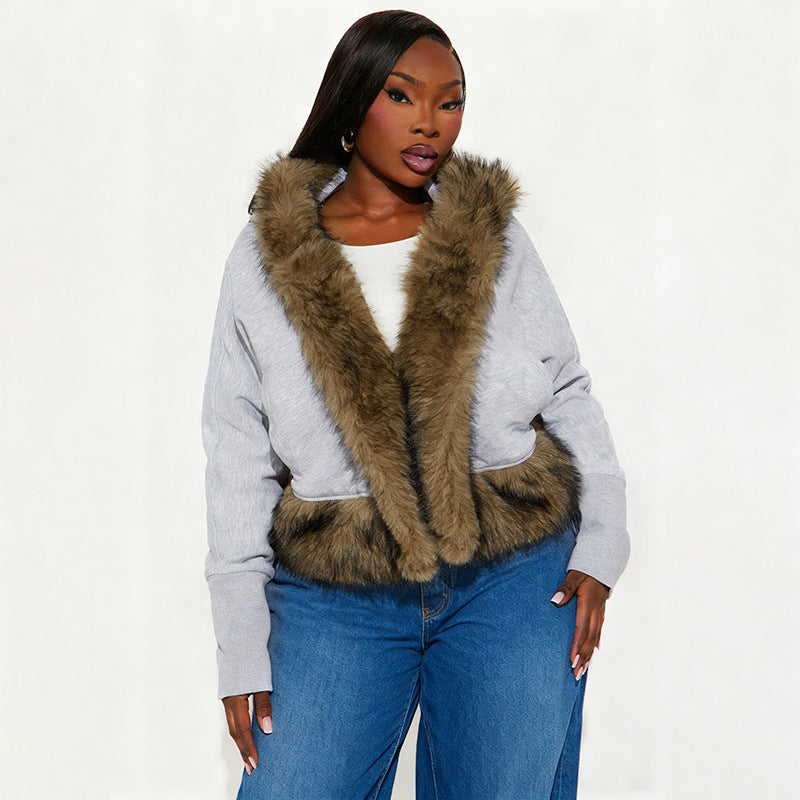 Patchwork Furzzy Neck Hooded Cardigan GDSF J25TP395