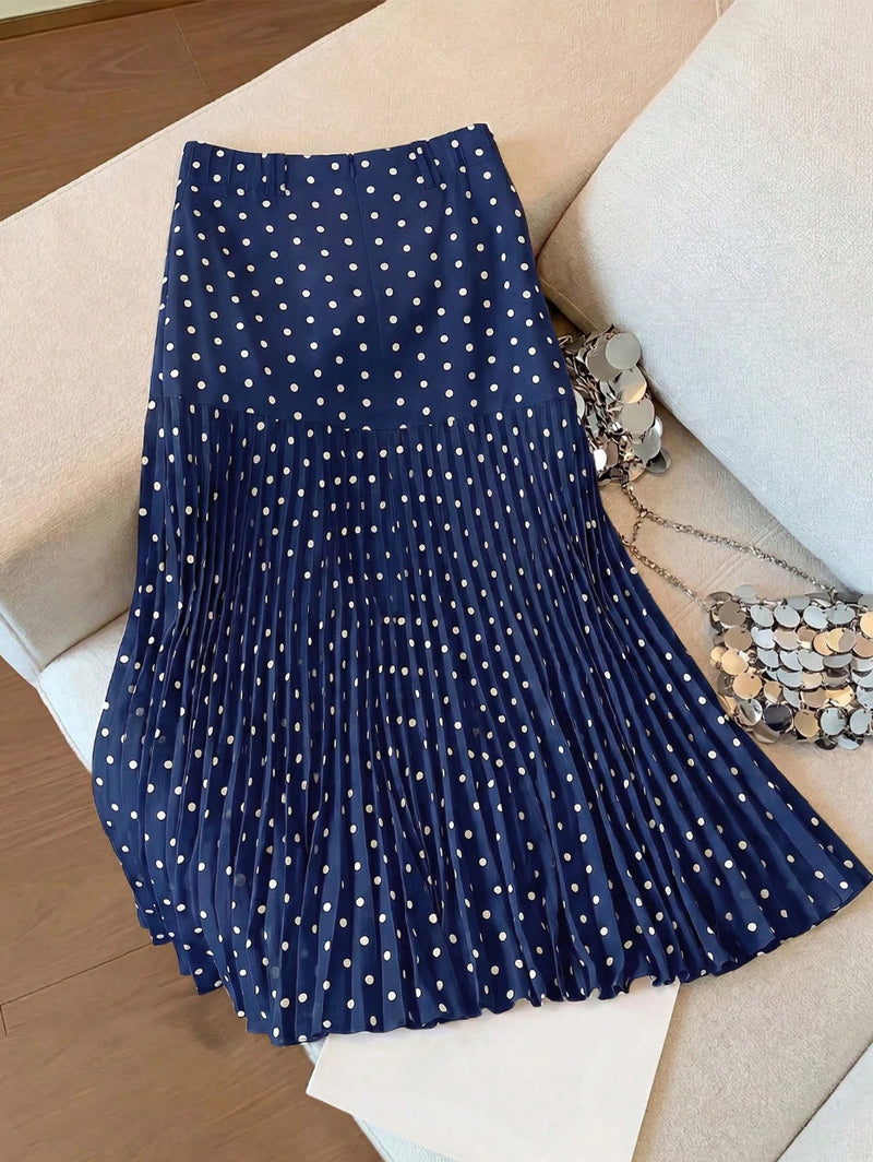 Polka Dot Print Pleated Long Skirt GSRX 987