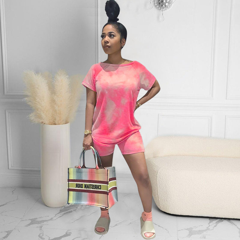 Casual Sports Tie Dye Short Sleeve Shorts Two Piece Set GOSD OS6074