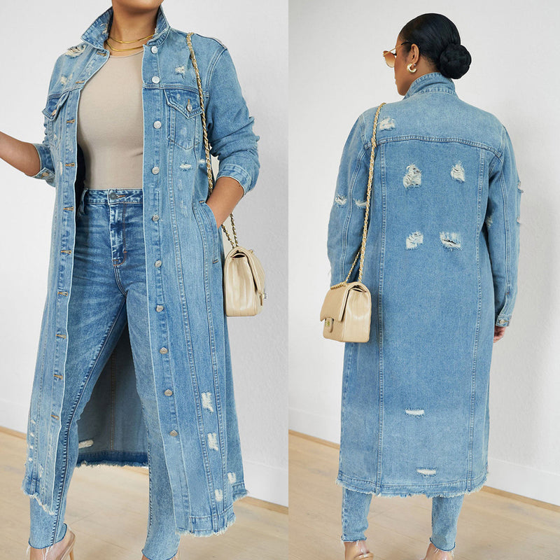 Fashion Holes Long Sleeve Denim Coat GKNF TSC 2328