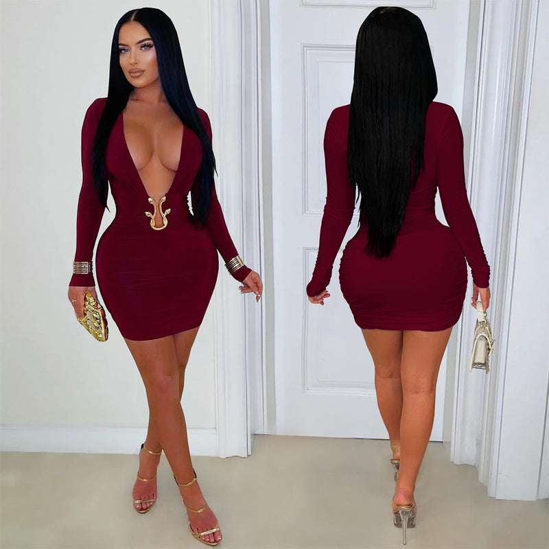 Deep V Neck Long Sleeve Bodycon Dress GZIY 6372