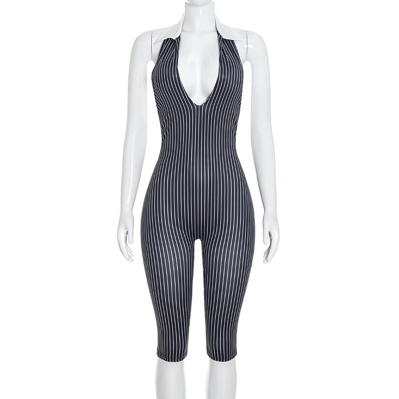 Stripe Printed Backless Seventh Jumpsuit MXBF J26JP347