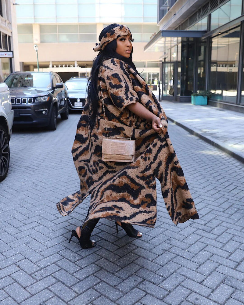 Casual Leopard Print Knits Short Sleeve Long Coat With Headscarf TR 1278