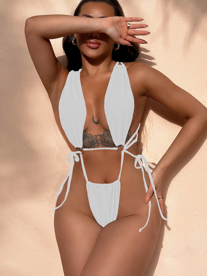 Solid Color Sexy Cross Tie Up One Piece Swimsuit CASF 6588
