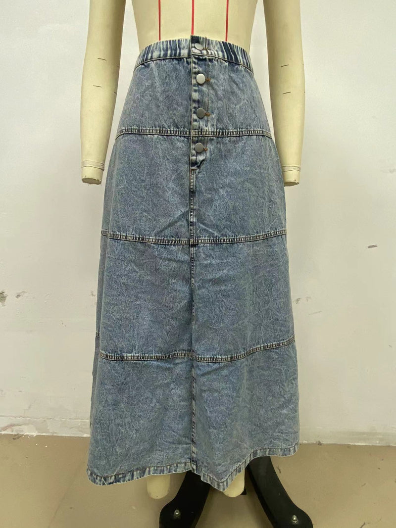 Layered Patchwork Denim Long Skirt GYAN 8943